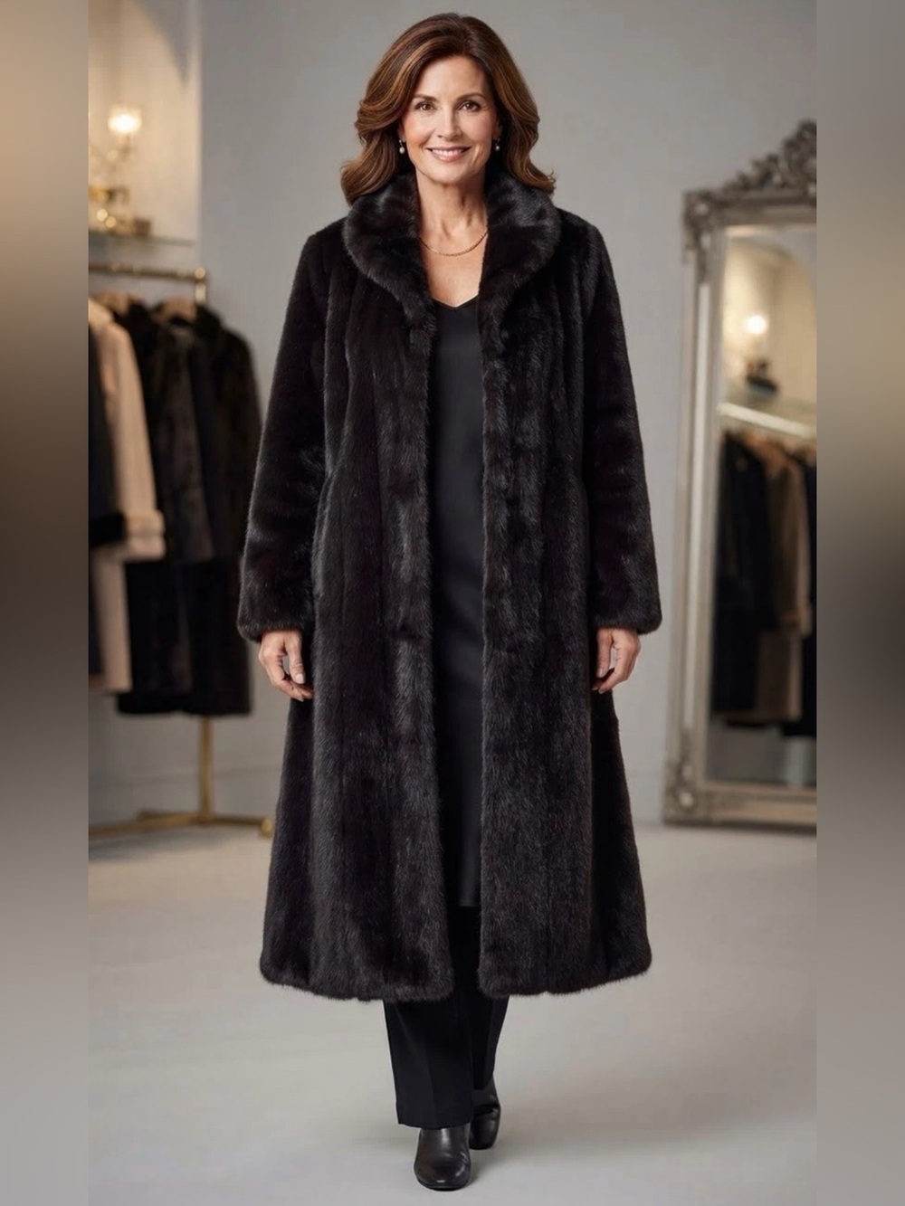 Women’s Brown Faux Fur Long Coat, Modacrylic/Acrylic Lined XL Made in USA